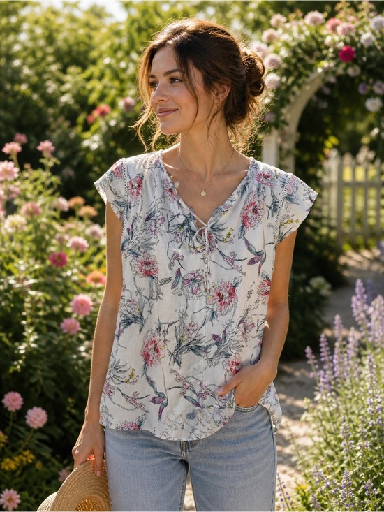 Buffalo David Bitton Tops - Buffalo David Bitton Floral Boho Blouse XL White Pink Blue Viscose Hi Low Top